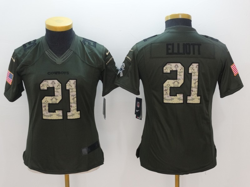 Womens Dallas Cowboys #21 EZEKIEL ELLIOTT Green Salute TO Service Jerseys->women nfl jersey->Women Jersey